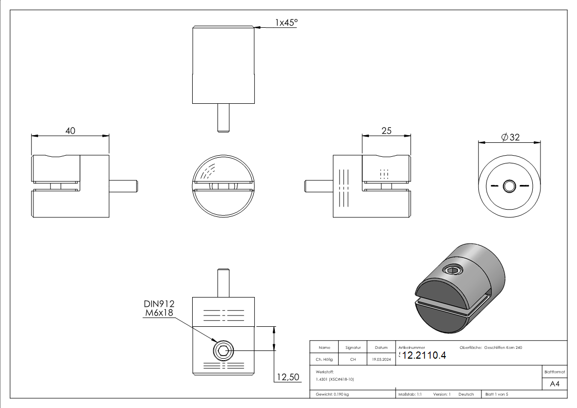 Blechhalter - Plattenhalter Ø 32 mm Edelstahl V2A – Anschluss flach - geradeinkl- Schrauben - Gummieinlage-12-2110.4