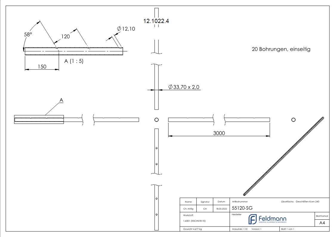 Rundrohr Ø 33-7 x 2-0 mm einseitig gelocht á 3 m Edelstahl-12-1022.4