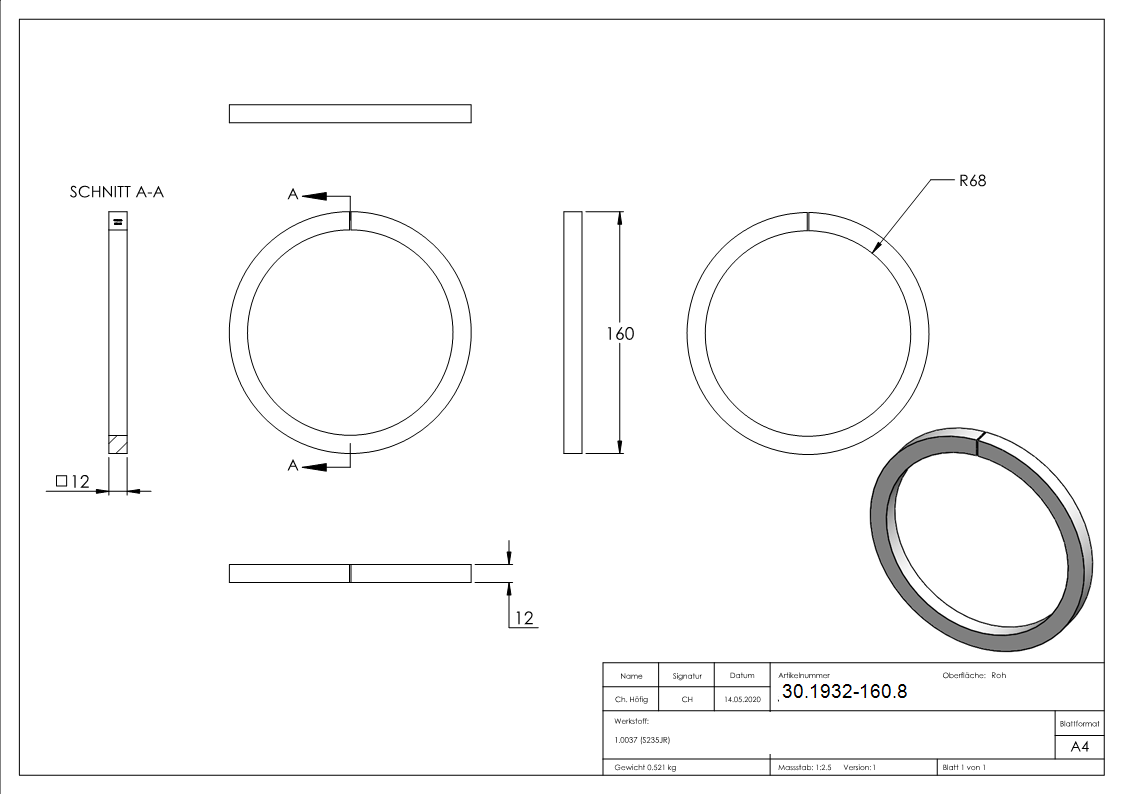 Ring - Material- 12x12 mm - Aussen-Ø 160 mm - Stahl S235JR- roh-30-1932-160.8