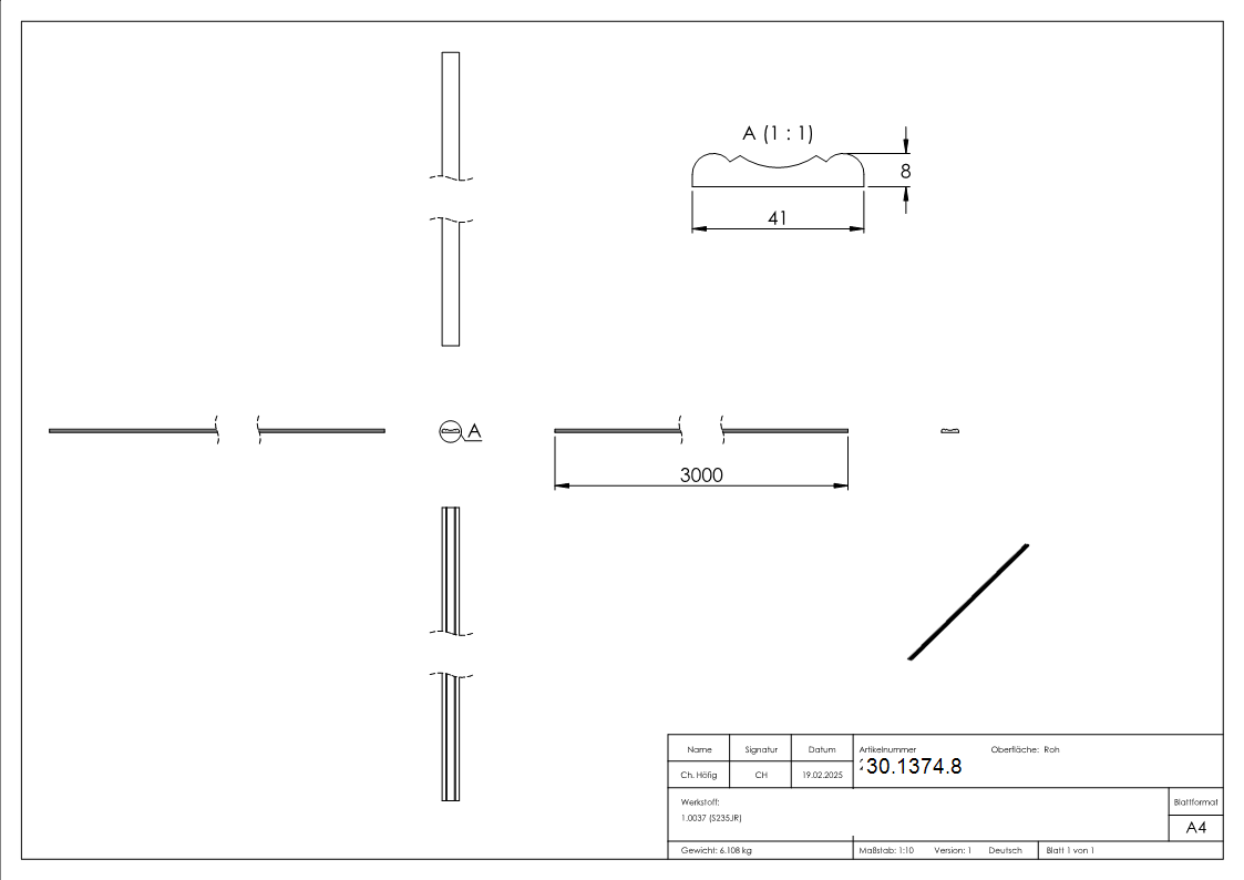 Handlauf 41x8 mm 3000mm Stahl S235JR Flachprofil-30-1374.8