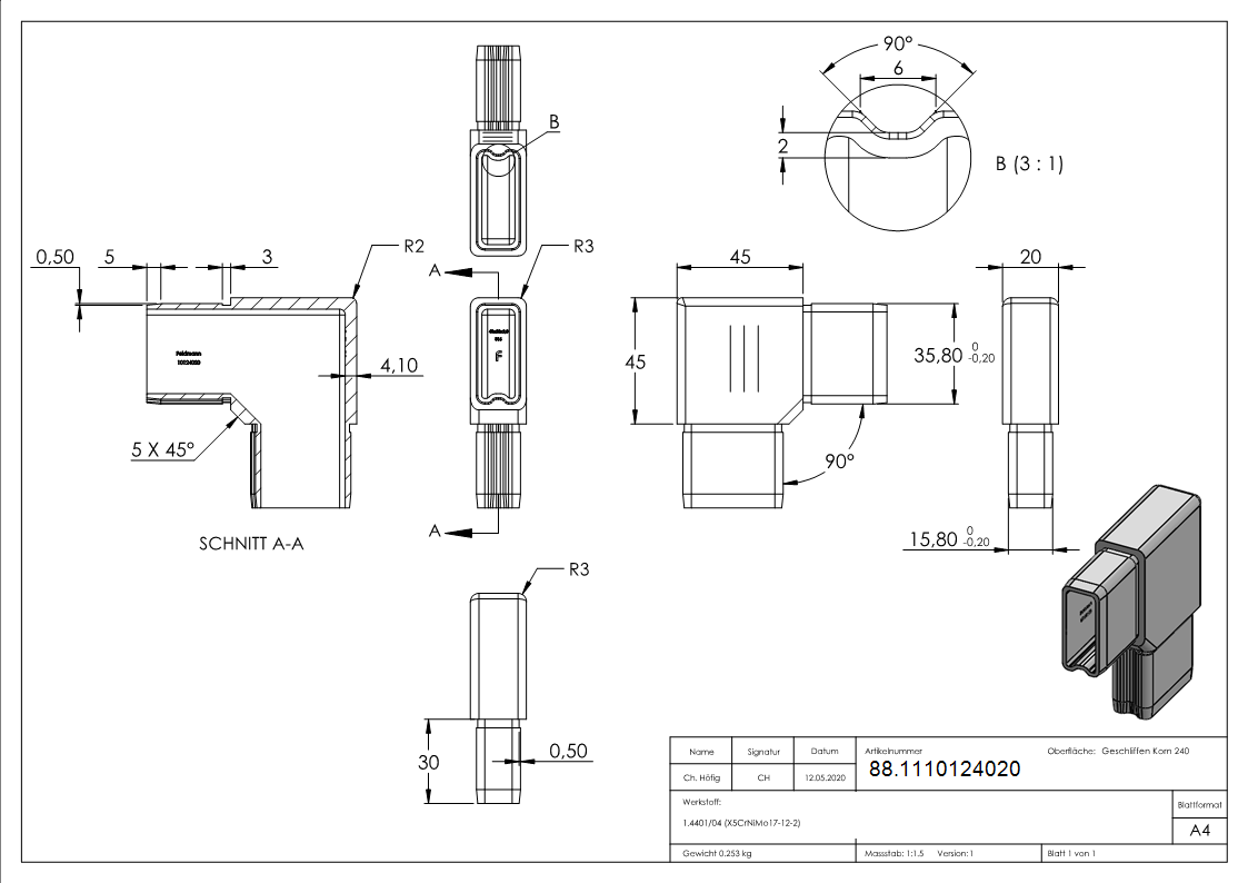 Steckverbinder 90° V4A fuer Rechteckrohr 40x20x2 mm zum Stecken-88.1110124020
