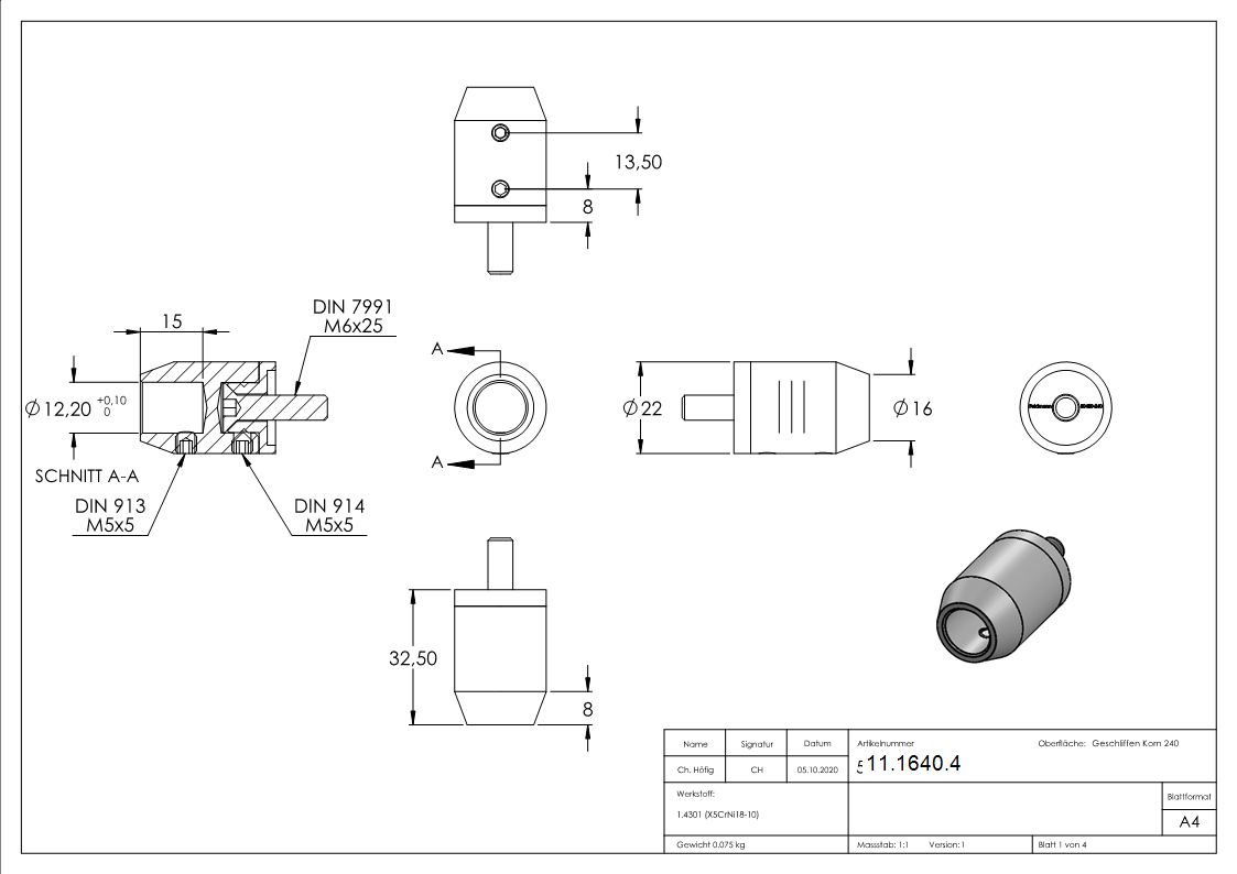 Querstabhalter V2A Edelstahl – Anschluss FLACH passend fuer Rundstaebe 10 mm zum Verbinden -Stoss- inkl- Schrauben-11-1640.4