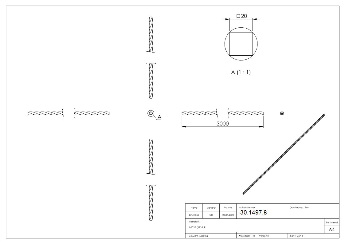 Vierkanteisen gedreht - Material- 20x20 mm - Laenge- 3000 mm - Stahl -Roh- S235JR-30-1497.8
