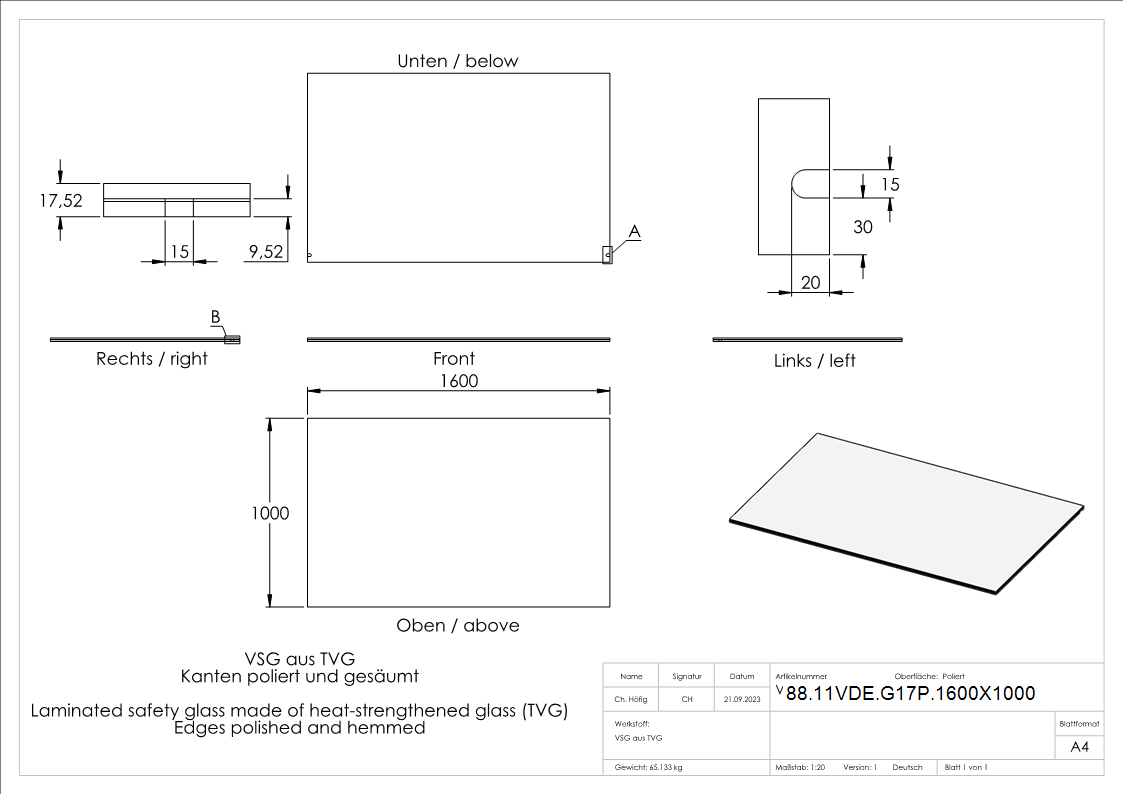 Vordachglas VSG 1600x1000 mm aus 2x8 mm TVG mit 1-52 mm PVB-88-11VDE-G17P.1600X1000