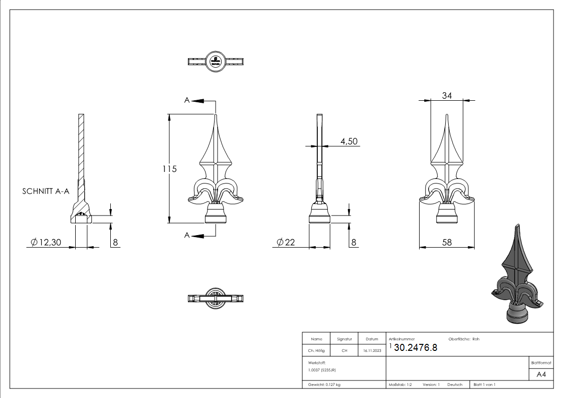 Zaunspitze Stahl Ansatz Ø 20 mm- H 115 mm- Bohrung Ø 12-7 mm-30-2476.8