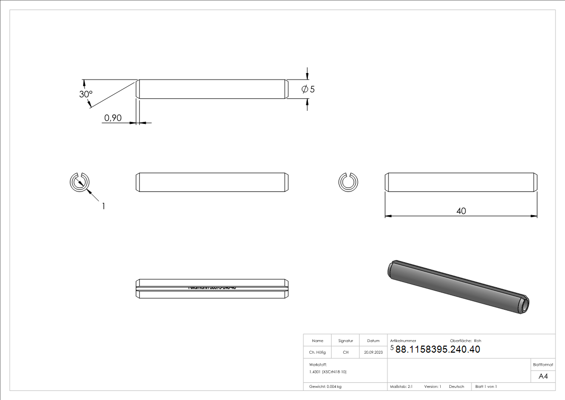 Spannstift Edelstahl V2A 5 x 40 mm DIN 8752 geschliffen Korn 240-88-1158395-240.40