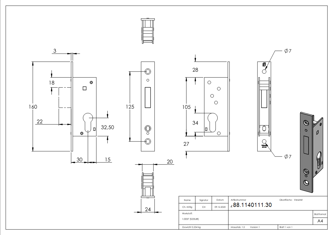 Rohrrahmen-Riegelschloss Zinkdruckguss Dornmass 30 mm fuer Profilzylinder-88-1140111.30