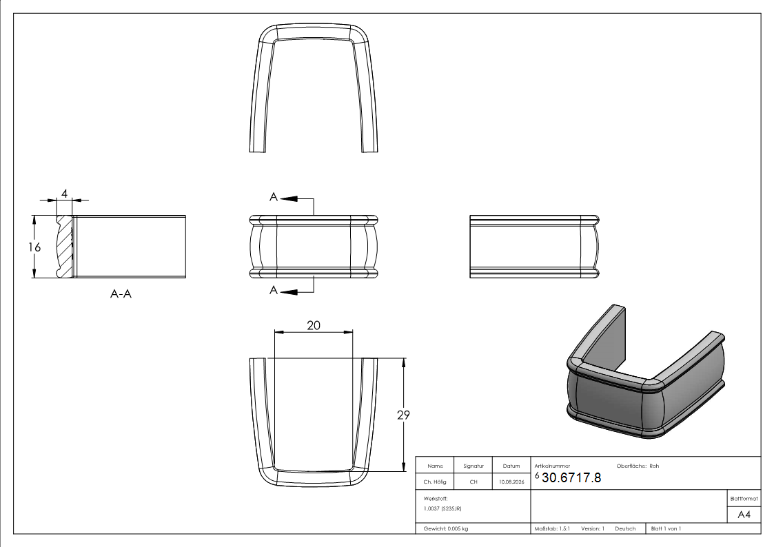 Bund - 1 Stueck - Material- 16x4 mm - Innenmass- 20x29 mm - Stahl -Roh- S235JR-30-6717.8