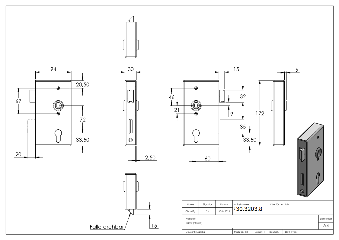 Kastenschloss verzinkt 30x94-5x172 mm geschliffen-30-3203.8