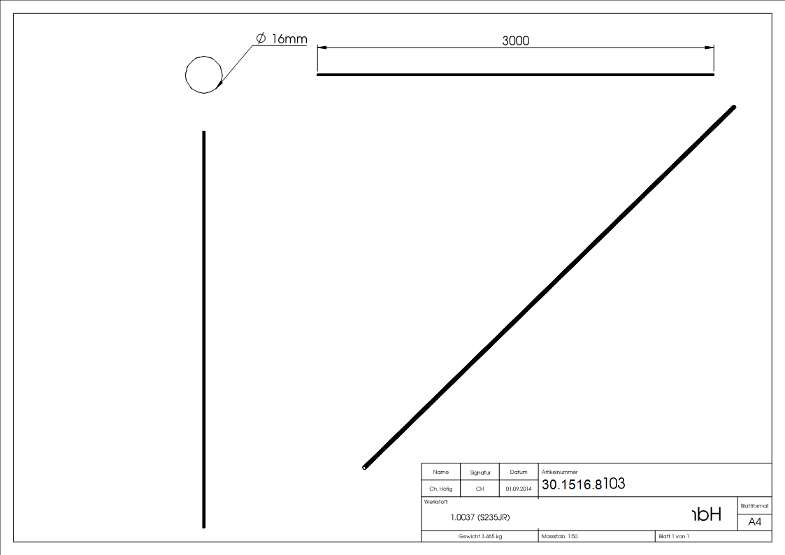 Rundeisen geschmiedet Ø 16 mm Laenge- 3000 mm Stahl -Roh- S235JR-30-1516.8