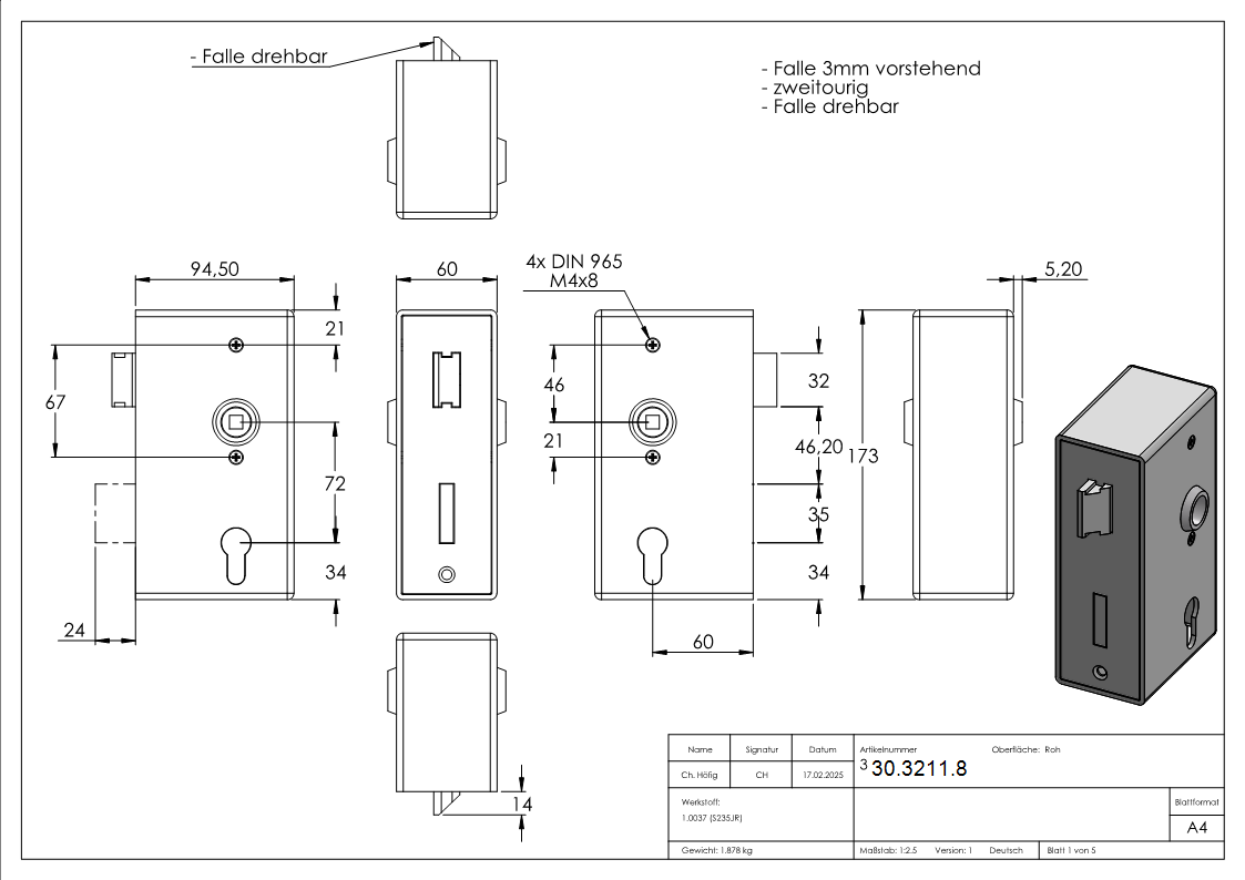 Kastenschloss Stahl verzinkt 60 x 94-5 x 173 mm mit verzinktem Stulp-30-3211.8