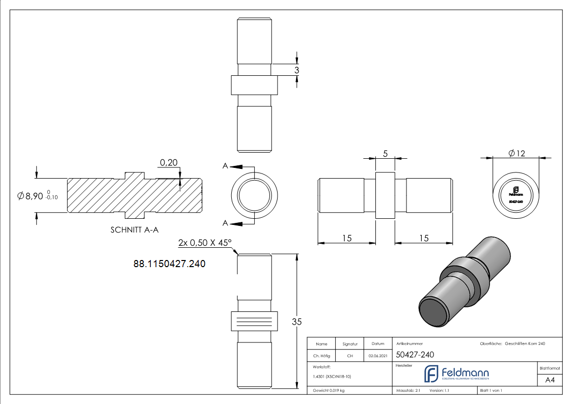 Rohrverbinder V2A fuer Rohr Ø 12 x 1-5 mm Mittelstueck 5 mm-88-1150427.240