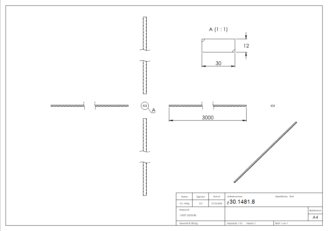 Flacheisen 30x12 mm Kanten gehaemmert 3000mm Schmiedeeisen Antik-30-1481.8