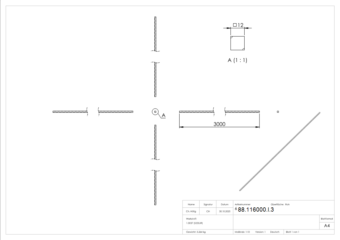 Vierkanteisen Stahl roh 12 x 12 mm L=3000 mm gehaemmert-88-116000-I.3