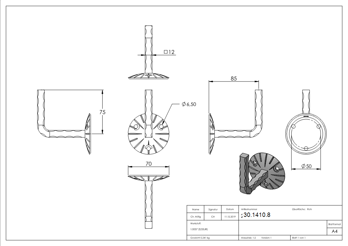 Handlaufhalter - mit Ronde 70x4 mm - zum Anschweissen - Stahl S235JR- roh-30-1410.8