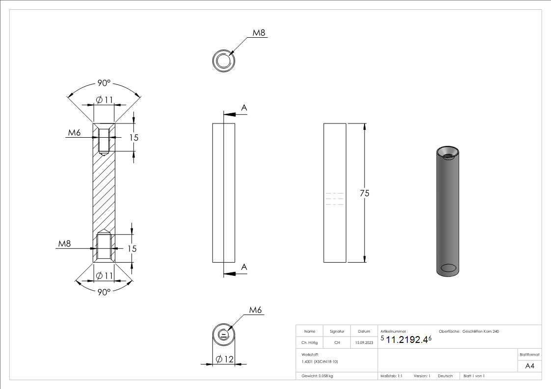 Edelstahl Traegerstift Ø 12 x 75 mm - Kombi-Innengewinde M6-M8 -V2A-11-2192.4