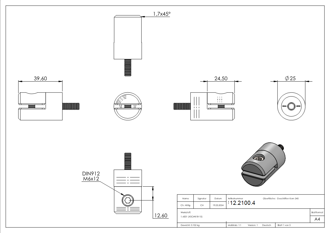 Blechhalter V2A Ø 25 mm fuer Blech 1-5-4 mm gerade-12-2100.4