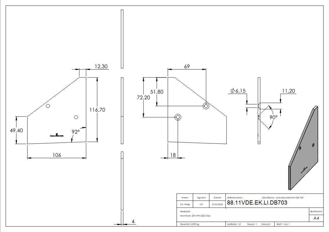Endkappe Aluminium fuer eleganza canopy links pulverbeschichtet DB703-88-11VDE-EK-LI.DB703