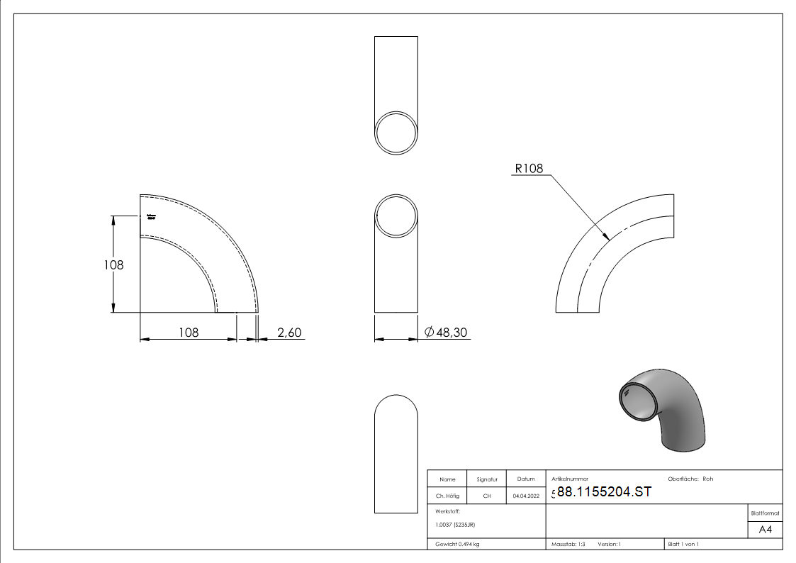 Rohrbogen 90° Stahl roh - 48-3 x 2-6 mm -1 ½- - Bauart 5-88-1155204.ST