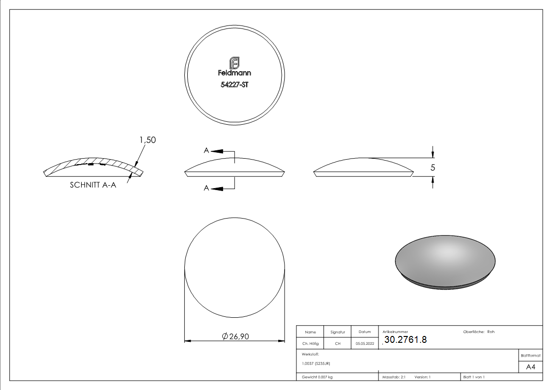 Kloepperboden Rohrabschluss Ø 26-9x1-5 mm Stahl roh Hoehe- 5 mm-30-2761.8