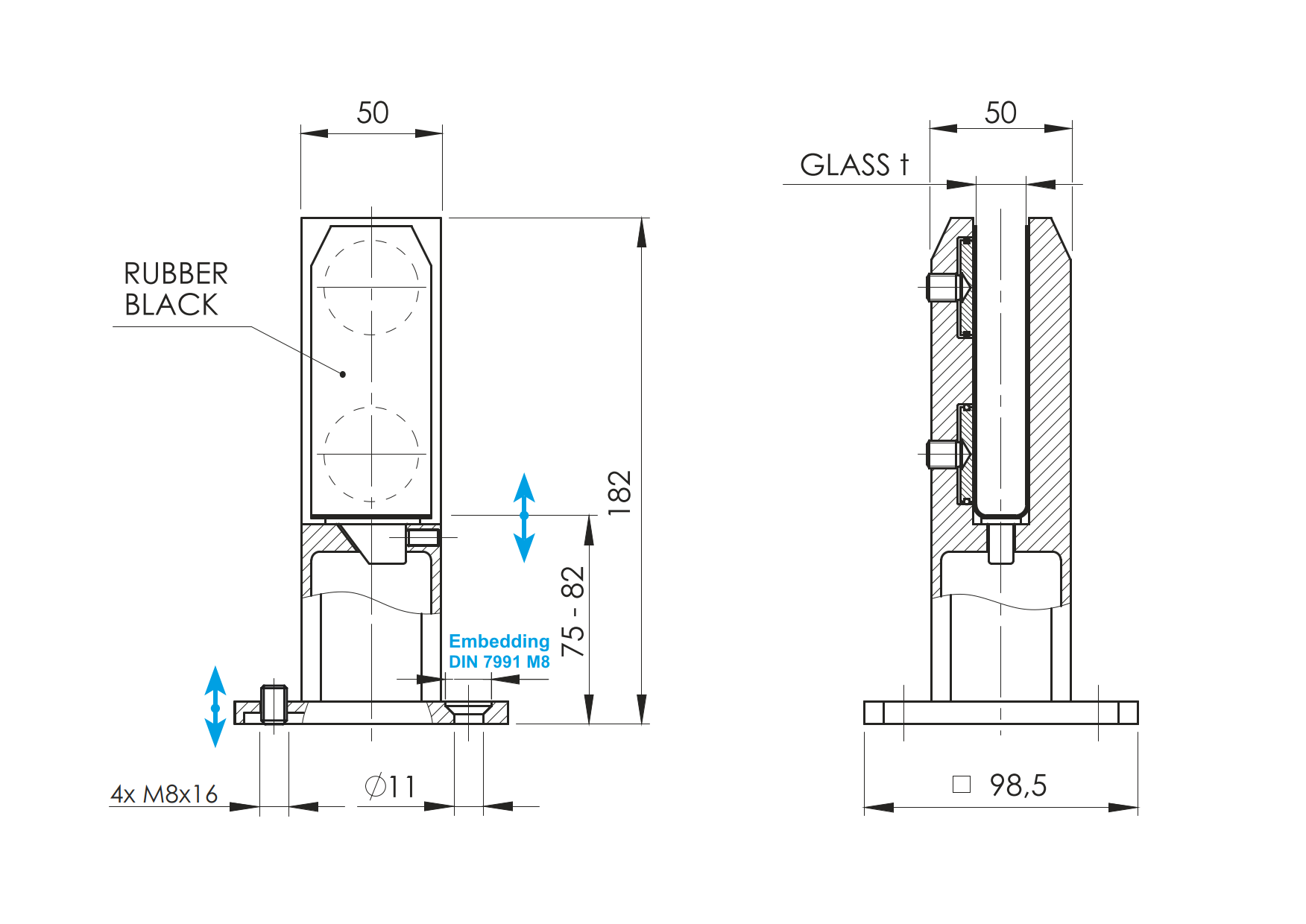 Verstellbarer Zapfen Ankerpfosten fuer Glas 12-17-52mm Edelstahl AISI 316-89-11A146210000-A.4