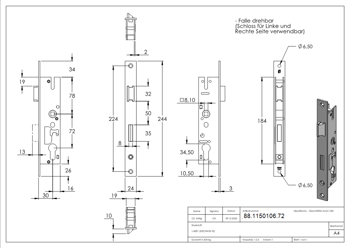 Rohrrahmenschloss verzinkt- Abstand 72 mm- Dornmass 30 mm- Stulpe Edelstahl geschliffen-88-1150106.72