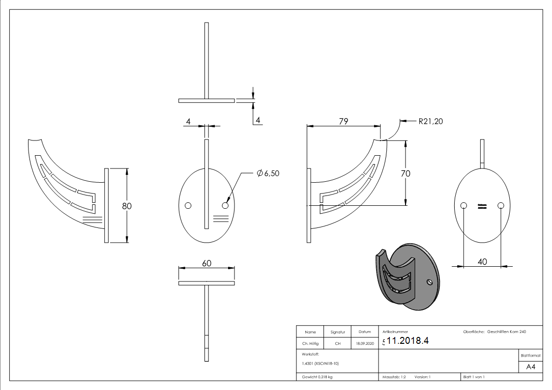 Handlaufschwert zum Anschweissen fuer Rohr Ø 42-4 mm V2A-11-2018.4