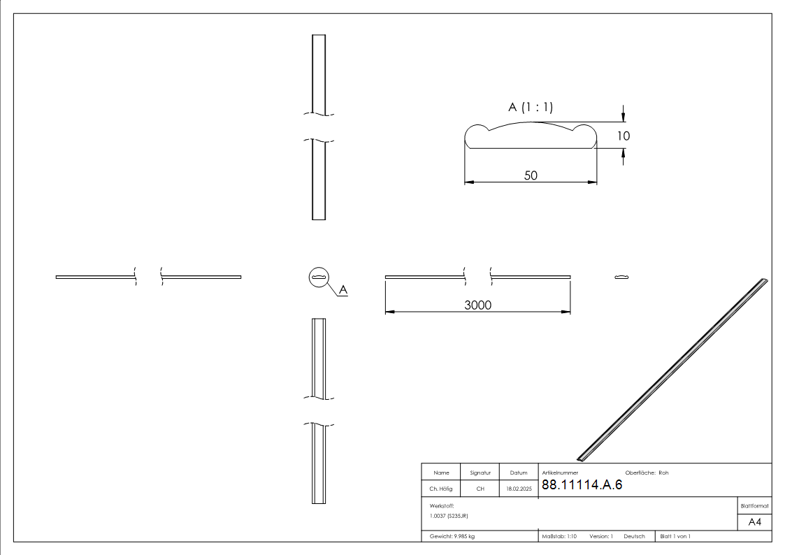 Handlauf Stahl 50 x 10 mm L = 3000 mm gewoelbt-88-11114-A.6