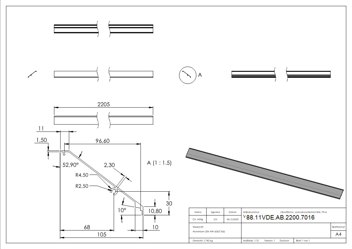 Abdeckprofil Aluminium L = 2205 mm pulverbeschichtet RAL 7016 fuer Vordach-88-11VDE-AB-2200.7016