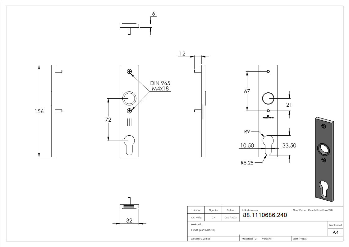 Langschild Edelstahl V2A 32 x 156 x 6 mm eckig geschliffen Korn 240-88-1110686.240