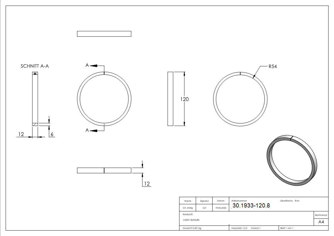Ring - Material- 12x6 mm - Aussen-Ø 120 mm - Stahl S235JR- roh-30-1933-120.8