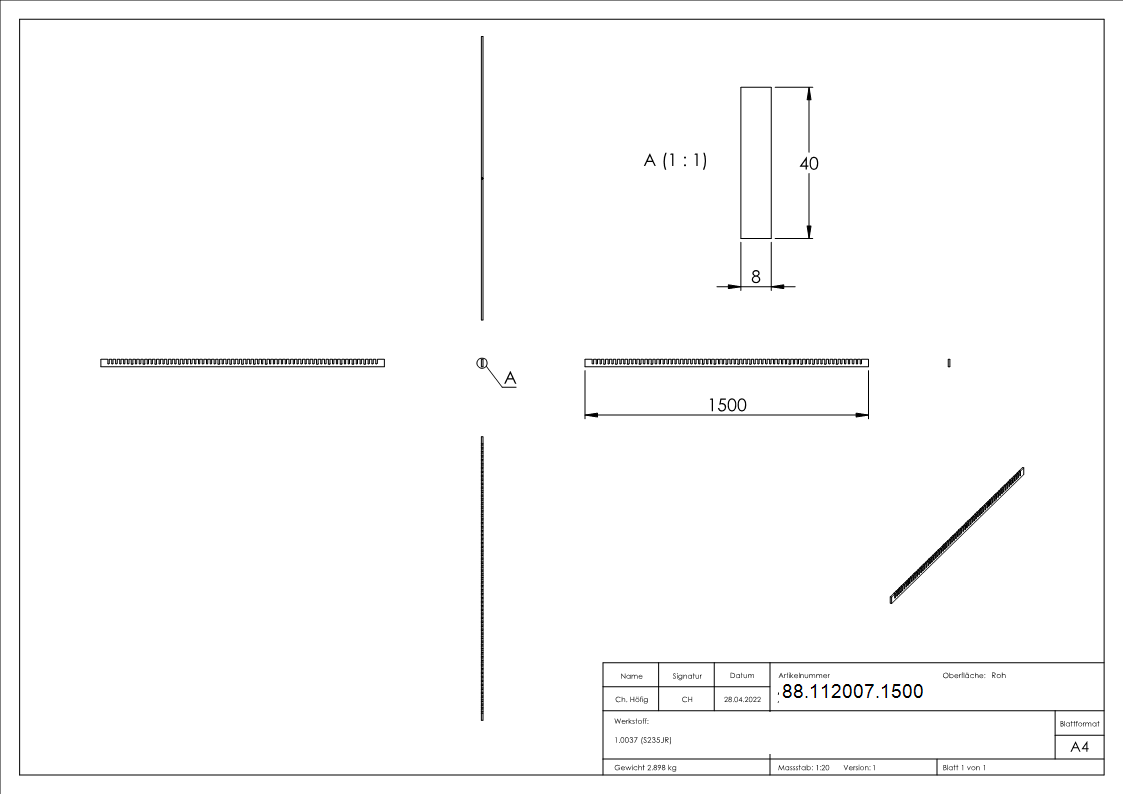 Kruemmerleiste Stahl roh 40 x 8 mm L = 1500 mm-88-112007.1500