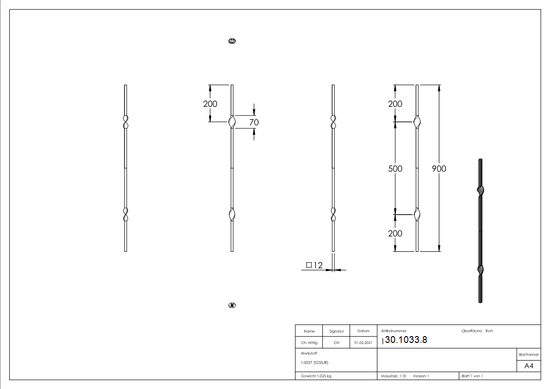 Zwischenstab - Laenge- 900 mm - Material- 12x12 mm - glatt - Stahl S235JR- roh-30-1033.8