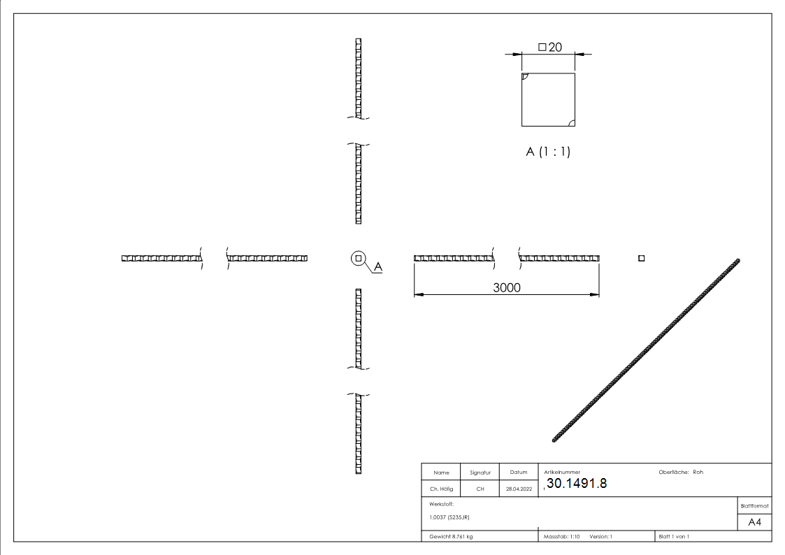 Vierkant gehaemmert - Material- 20x20 mm - Laenge- 3000 mm - Stahl -Roh- S235JR-30-1491.8