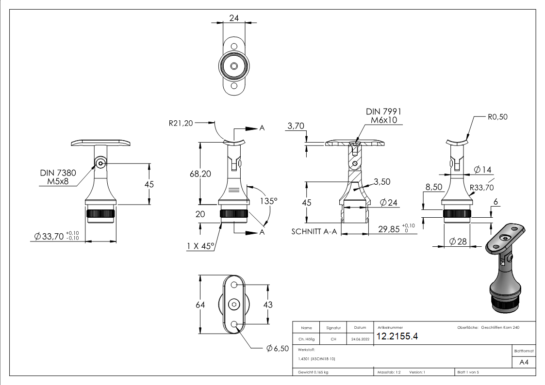 Stuetze mit Gelenk und Halteplatte fuer Rundrohr V2A-12-2155.4