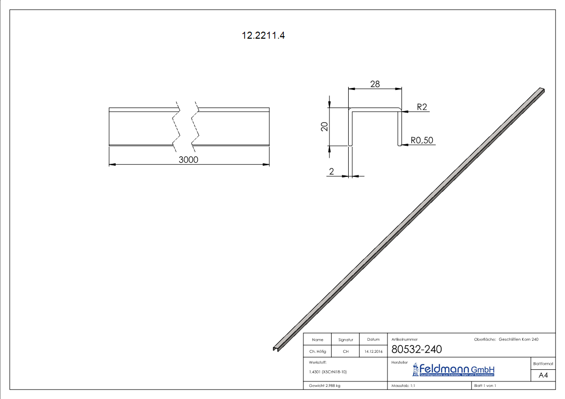 Kantenschutz - Masse- 28x20x2 mm - Laenge- 3000 mm - V2A-12-2211.4