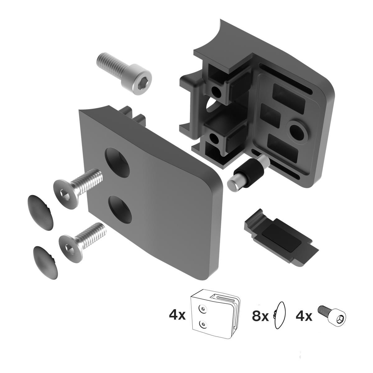 Glasklemme V2A Schwarz fuer Rohr 42-4 mm Glas 8-12-76 mm 4er Set-89-11ABL2600042SET4-A.4
