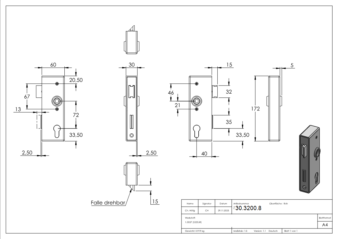 Schlosskasten verzinkt 30x60x172 mm Edelstahl Stulp Riegel Falle-30-3200.8