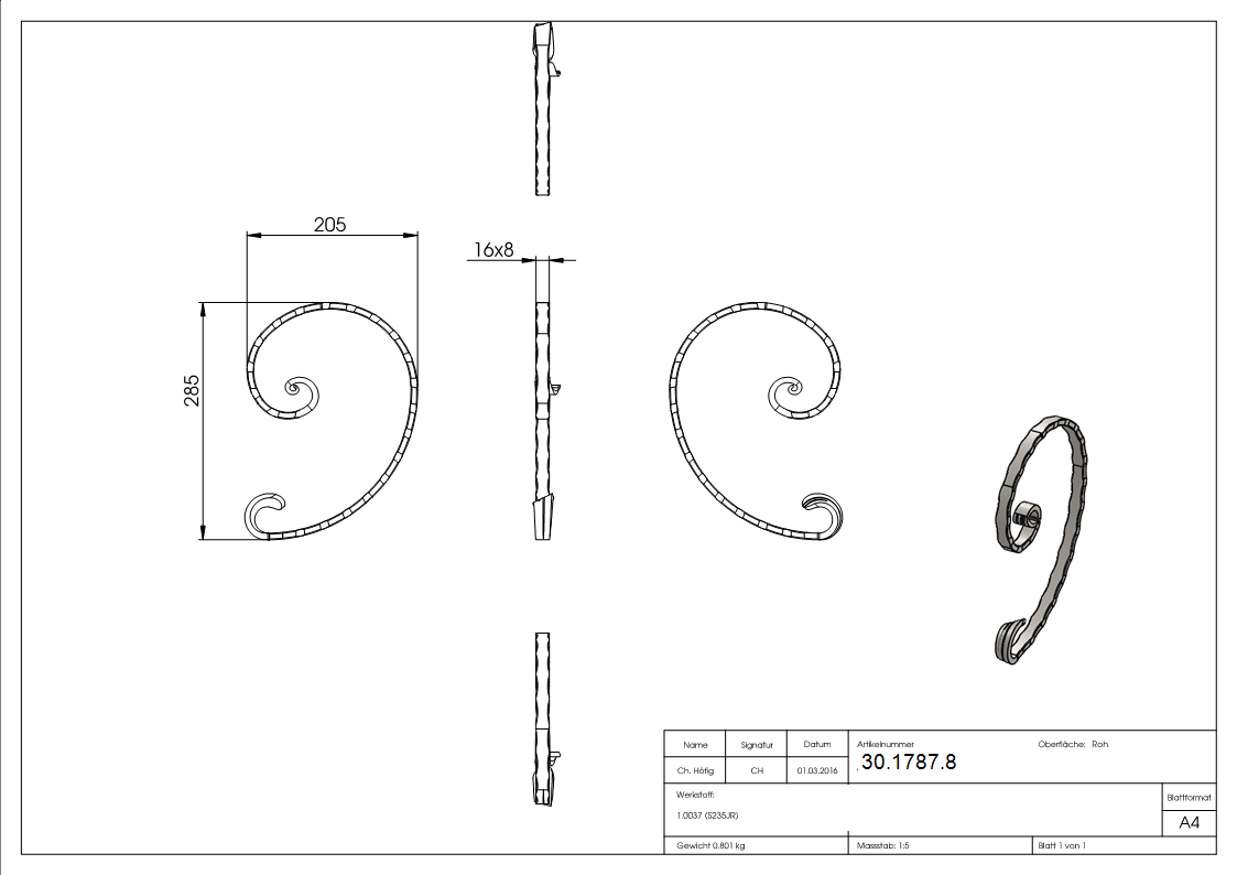 Meisterbarock - Masse- 205x285 mm - Material- 16x8 mm - Stahl S235JR- roh-30-1787.8
