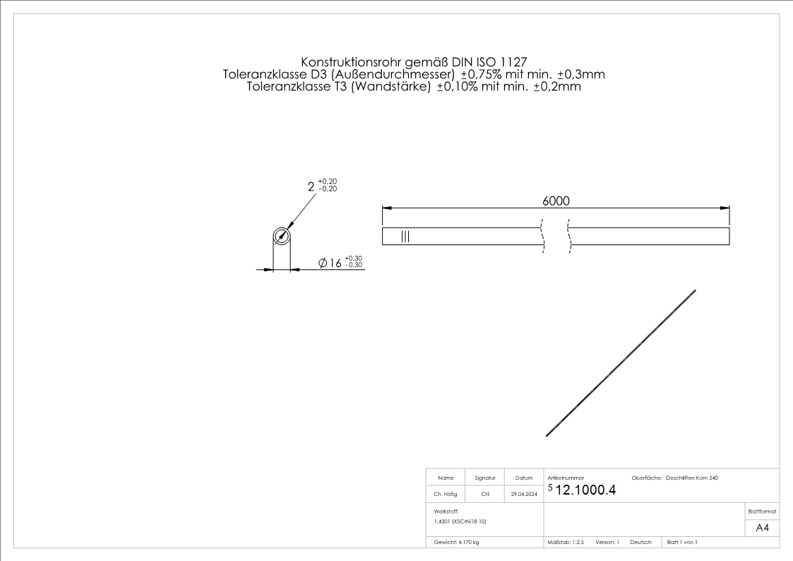 Rundrohr Ø 16-0 x 2-0 mm á 6 m Edelstahl-12-1000.4