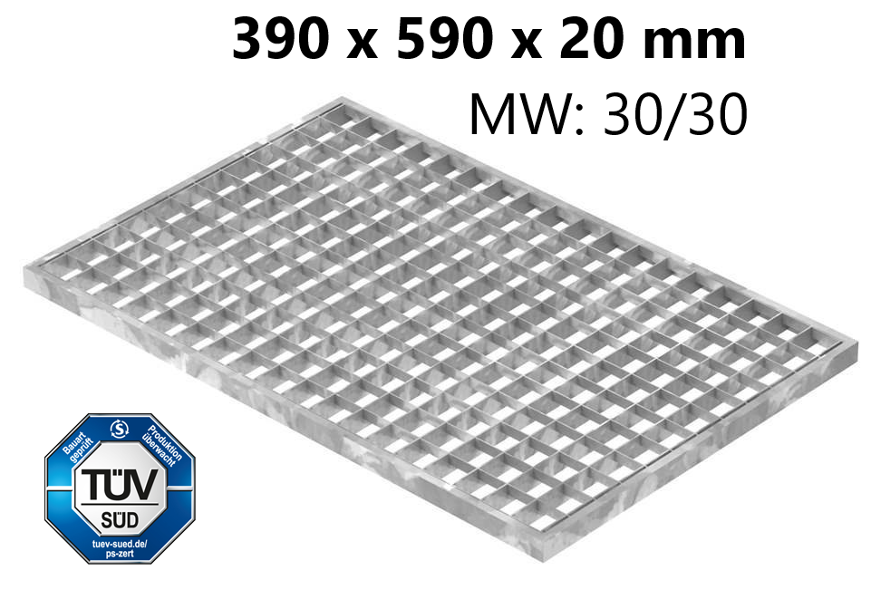 Lichtschachtrost Baunormrost - Masse-  390x590x20 mm 30-30 mm - aus S235JR -St37-2- im Vollbad feuerverzinkt-23-39593020.7