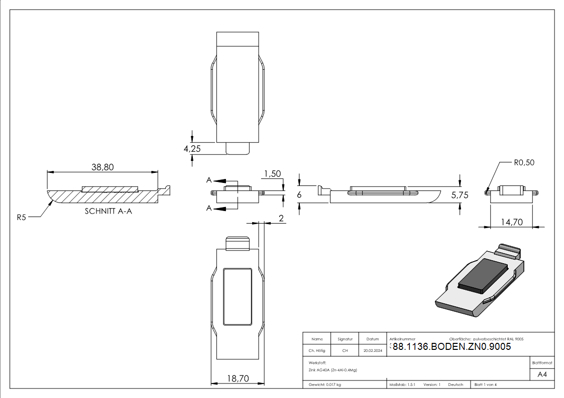 Sicherungsplatte Zinkdruckguss fuer Mod- 36 pulverbeschichtet RAL 9005 matt-88-1136-BODEN-ZN0.9005