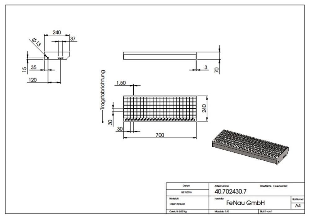 Gitterroststufe Treppenstufe Masse- 700x240 mm 30-30 mm S235JR -St37-2- im Vollbad feuerverzinkt-40-702430.7