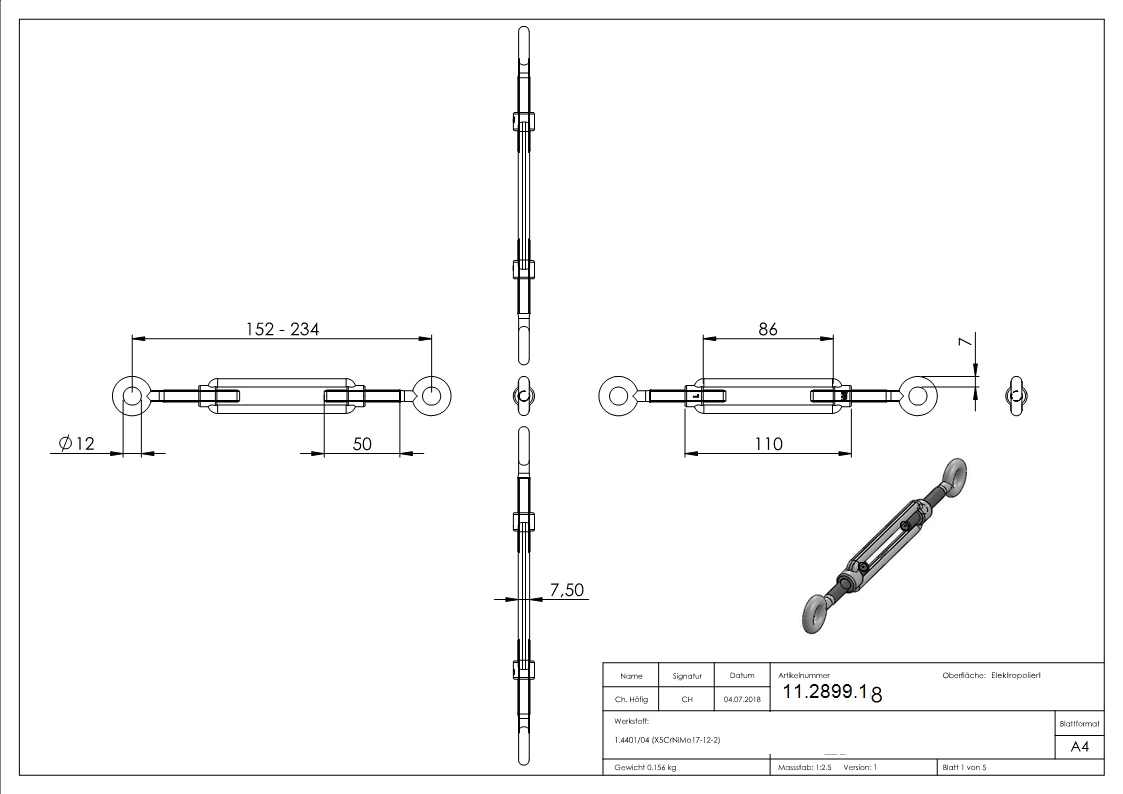Spannschloss - M8 - Oese-Oese - mit Links-Rechtsgewinde - V4A-11-2899.1