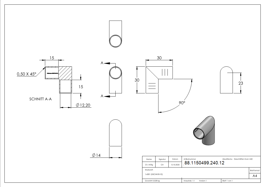 Rundstabverbinder V2A Ø 12 mm 90° Ecke zum Kleben-88-1150499-240.12