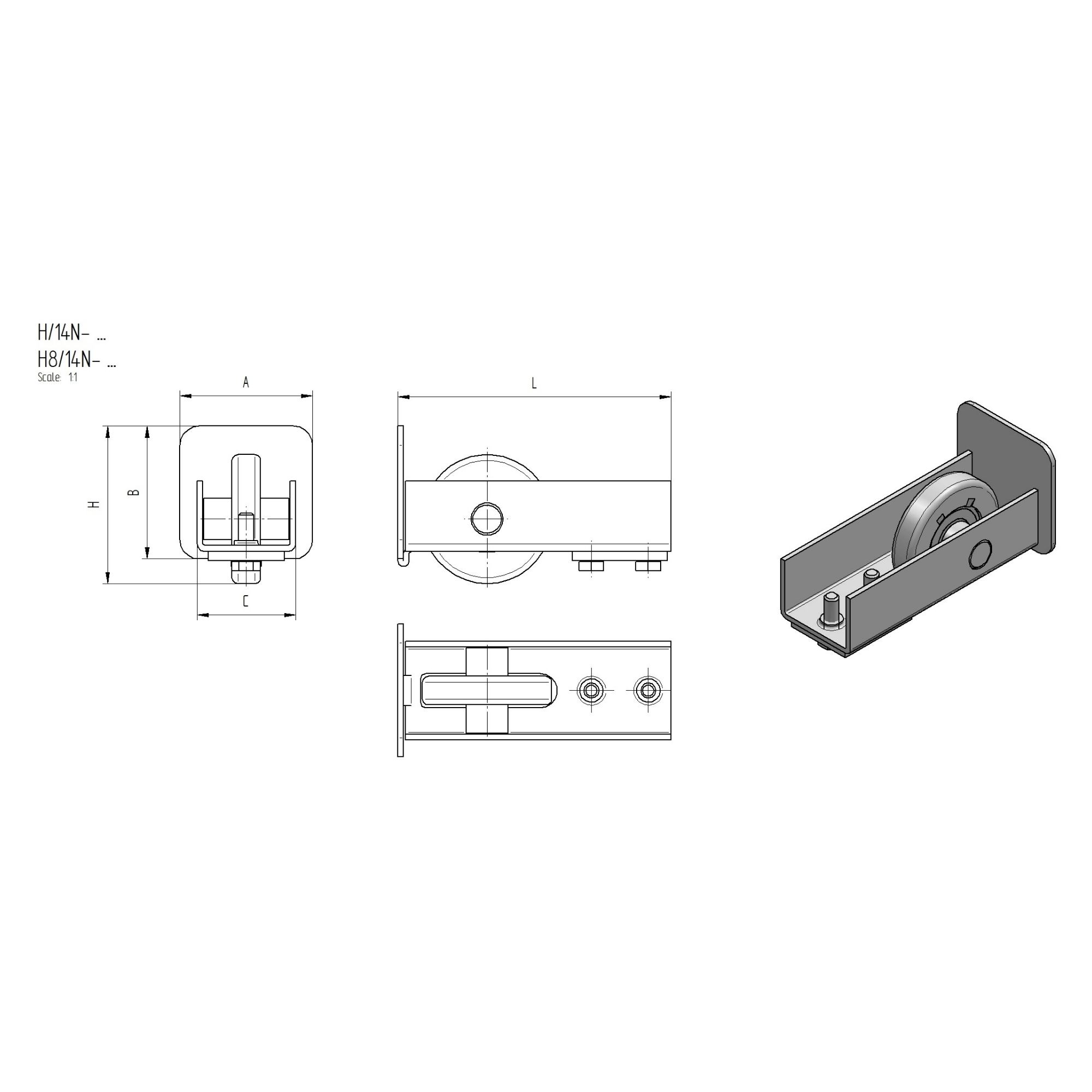 Fuehrungsrolle Edelstahl V2A fuer Profil 76 x 76 mm mit Nylonrolle-89-11H814N80X80-A.4