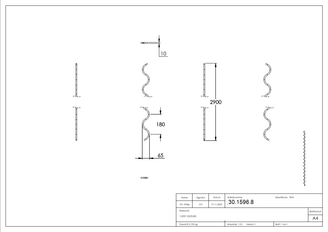 Ziergitterstange Wellenformstab Material- 10 mm- rund Laenge- 2500 mm Stahl S235JR- roh-30-1596.8