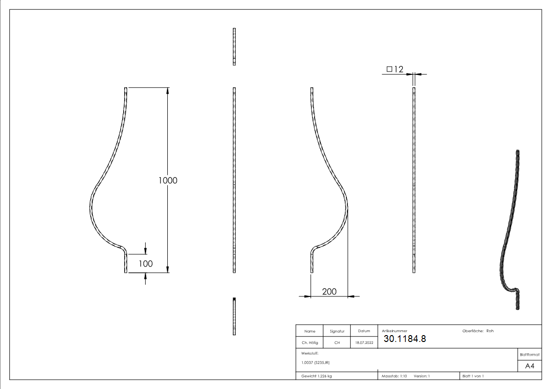 Bauchstab - Laenge- 1000 mm - Material- 12x12 mm - Stahl S235JR- roh-30-1184.8