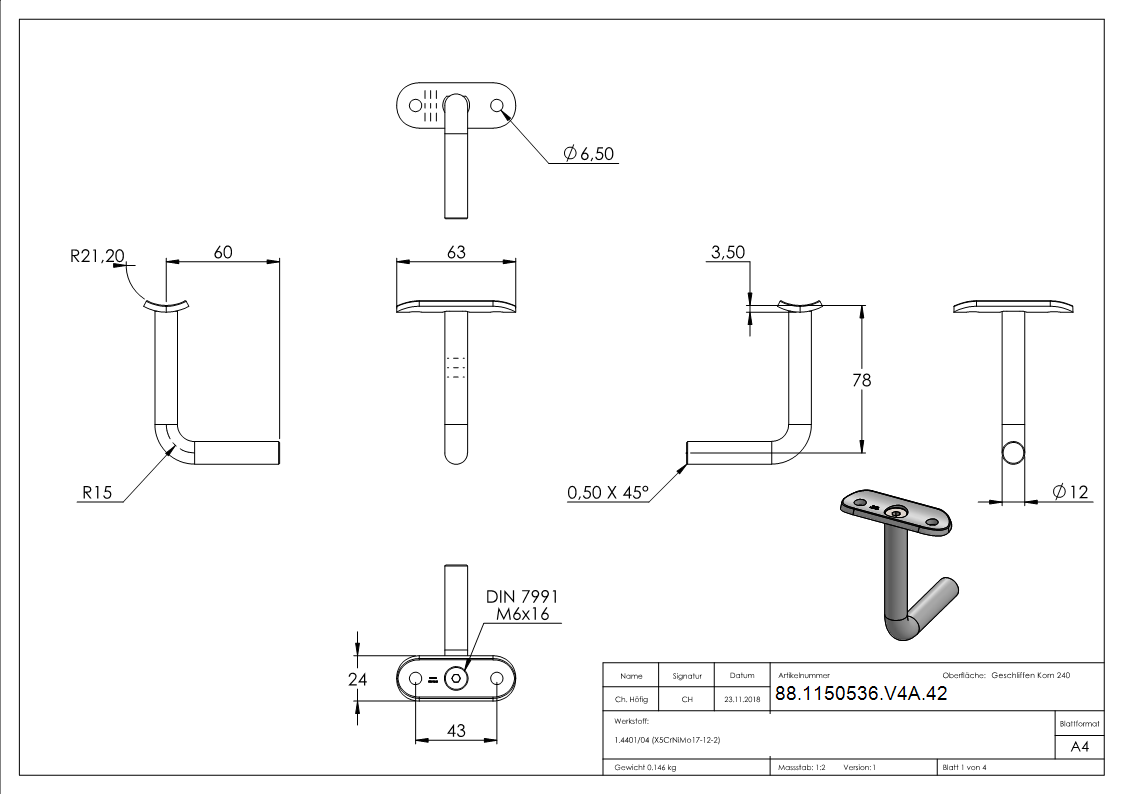 Handlaufbuegel V4A Ø 12 mm- Platte 60x75 mm- fuer Rohr 42-4 mm-88-1150536-V4A.42