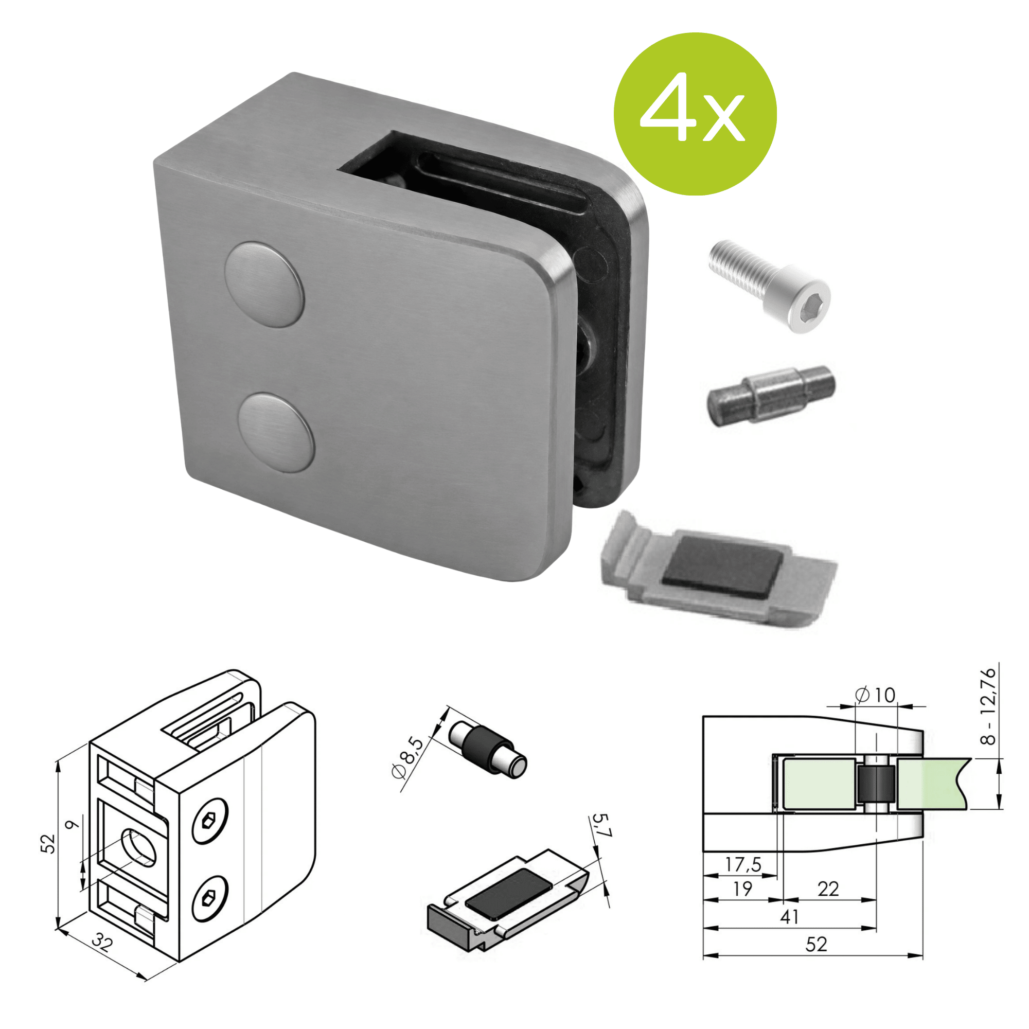 Glashalter Zinkdruckguss fuer Glas 8 - 12-76 mm fuer Flachanschluss roh 4er Set-89-11ZN2600000SET4-A.4